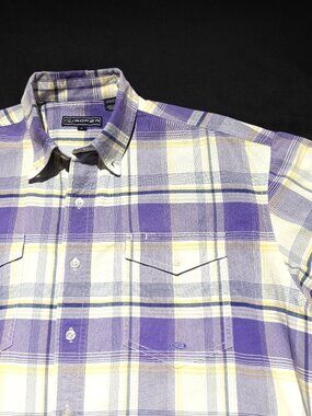 Roper Mens Western Shirt Large Purple/Gold Plaid Button Up 100% Heavy Cotton